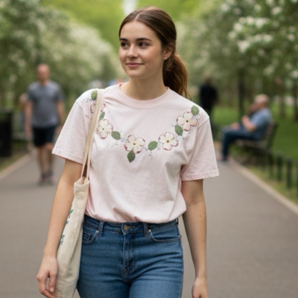 Vintage Hanes Beefy-T with Hand Decorated Florals and Rhinestone Accents